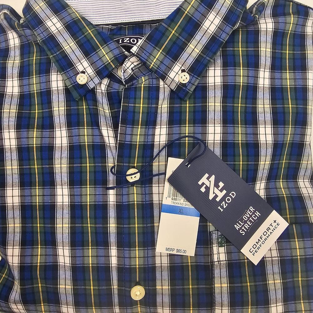 IZOD L/S Performance Stretch Oxford Trekking Green Plaid Shirt Big/Tall XL